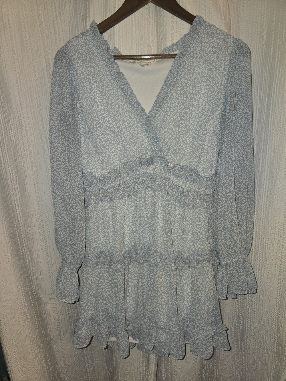Womens M Love Riche Pale Blue Floral Ruffle Long-Sleeve Dress